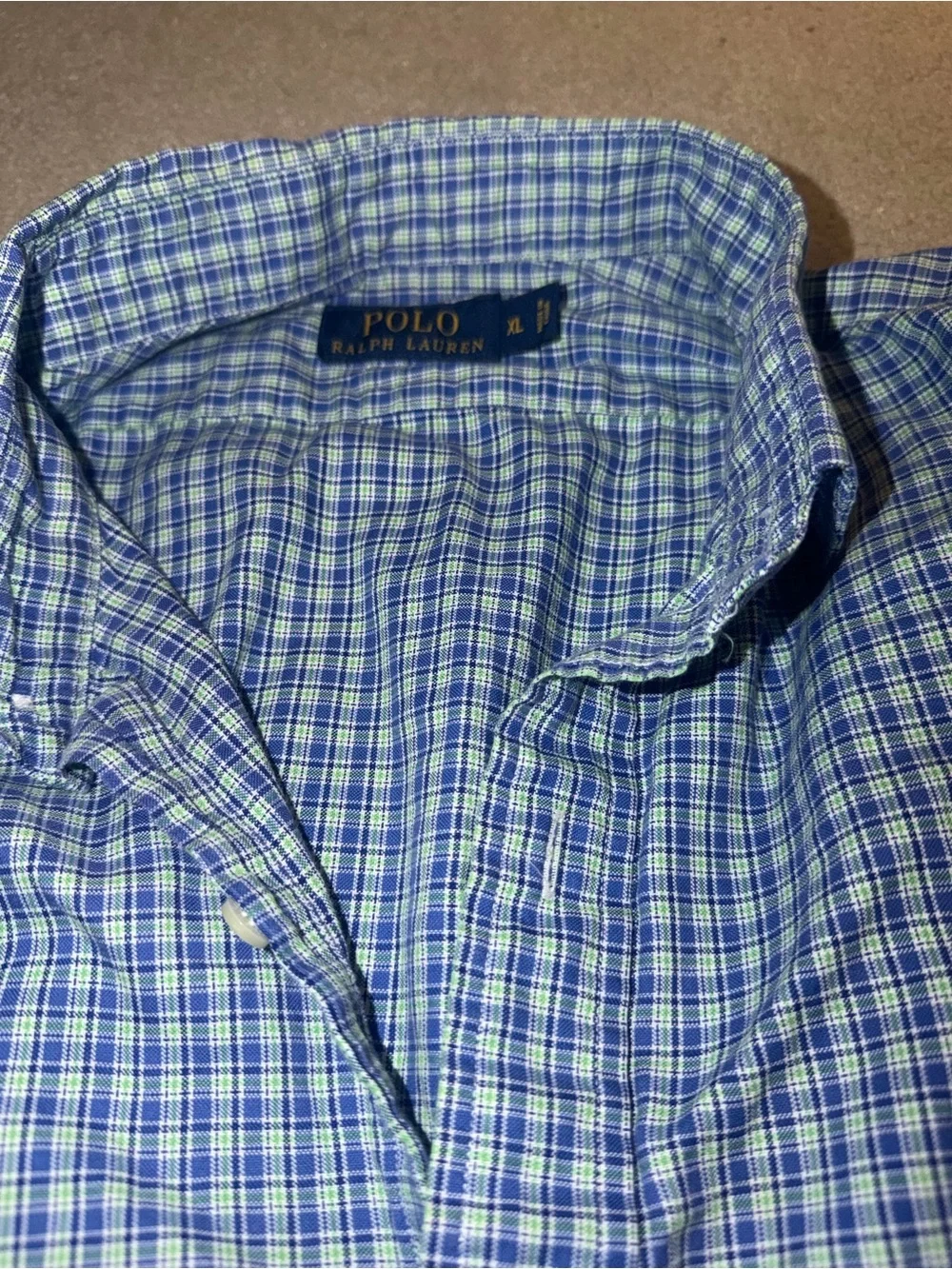 Polo Ralph Lauren button-down shirt features a blue and green plaid pattern XL